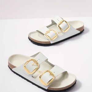 Birkenstock White Sandals with Gold Buckles